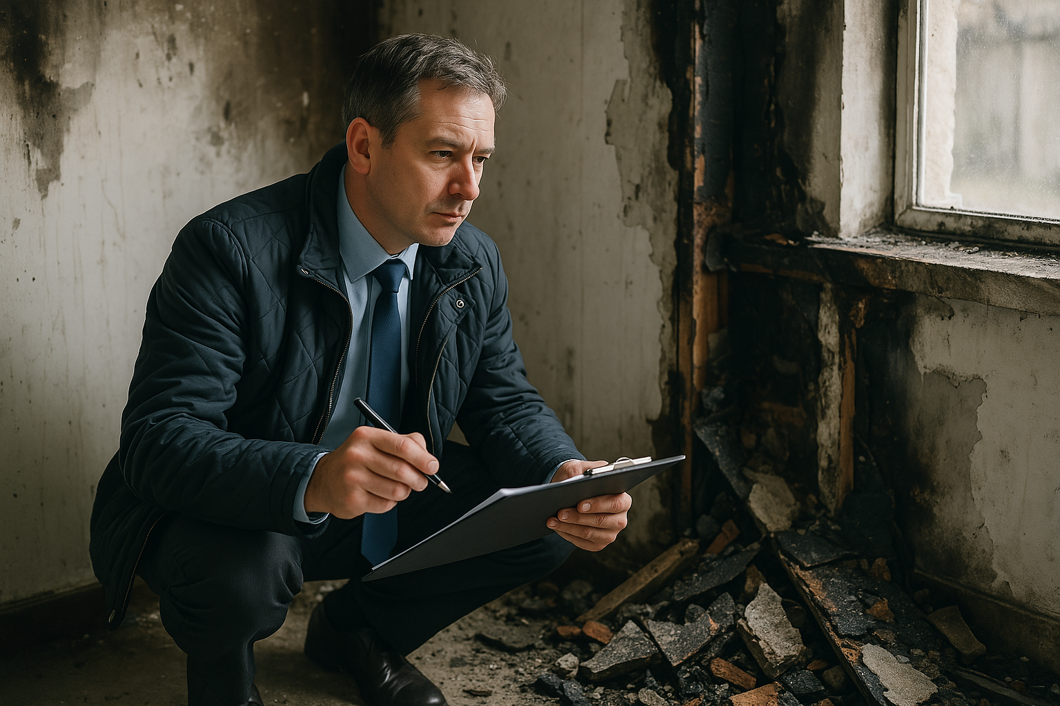 Expert d'assuré évaluant des dommages après sinistre